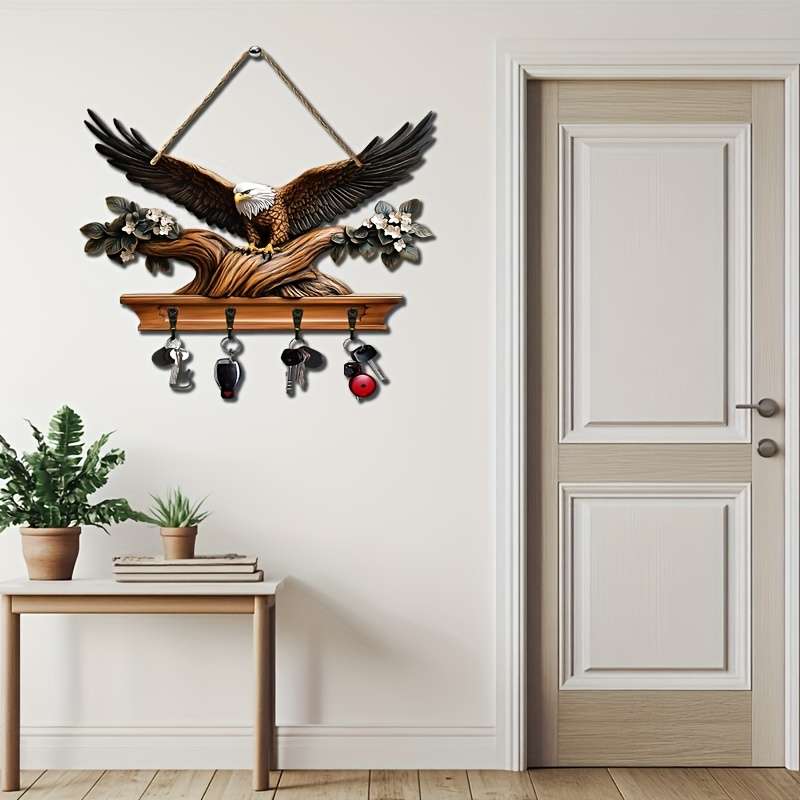 1pc Eagle Spreading Wings Simple Colored Wooden and Key Hanger with Four Metal Hooks (30.0cm x 24.
