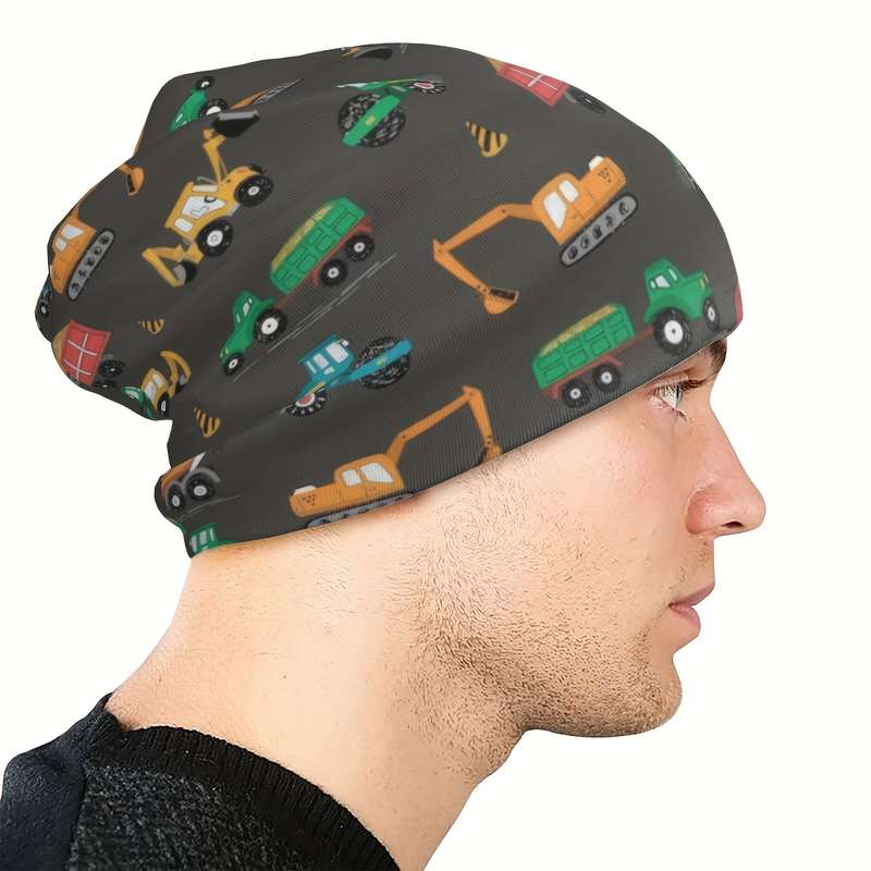 1pc Cute Cartoon Construction Vehicles Knit Cap for Men Elastic Bandeau Hat Lightweight Polyester