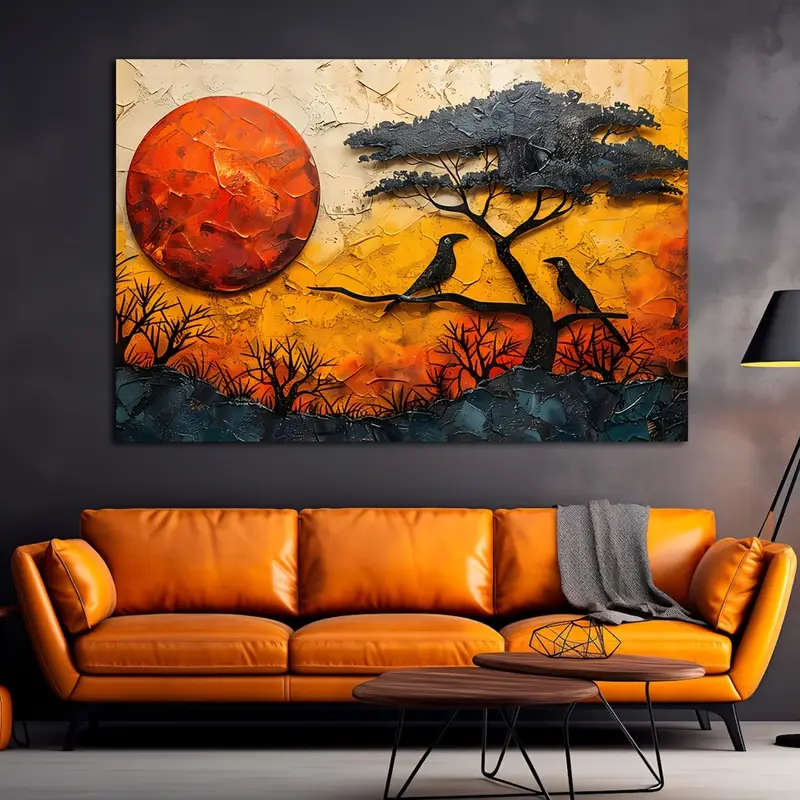 1pc Frameless Modern Abstract African Tree Bird Canvas Wall Art Warm Tones Sunset Scenery Decorative