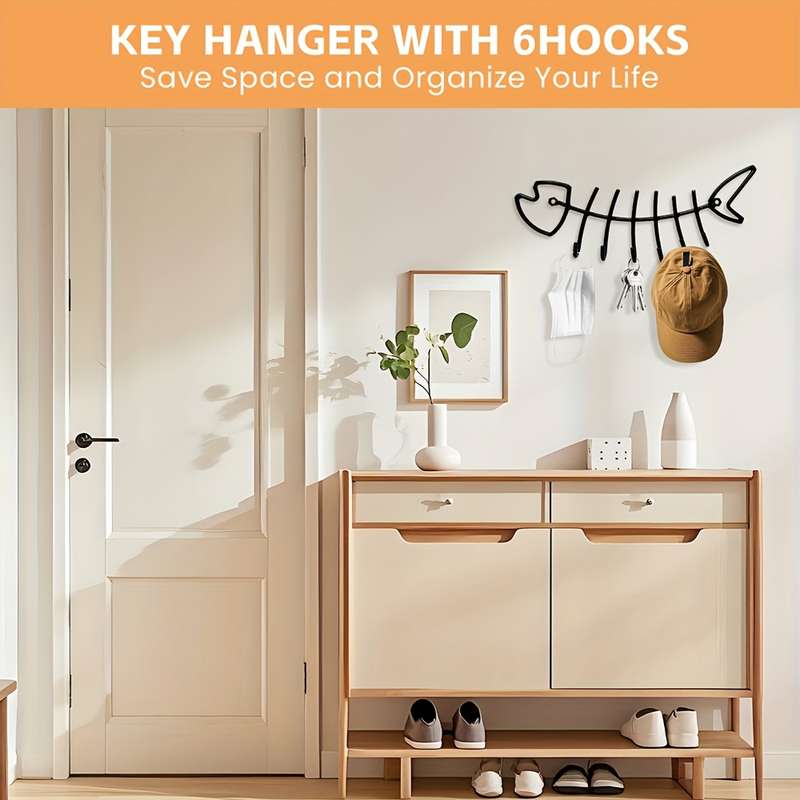 Unique Metal Fishbone Key Hook Decorative Fishbone Wall Mounted Towel Rack Fashionable Clothes and