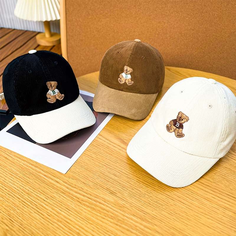 1pc Anime Bear Embroidery Cotton Corduroy Baseball Cap for Women Casual All-Match Adjustable H