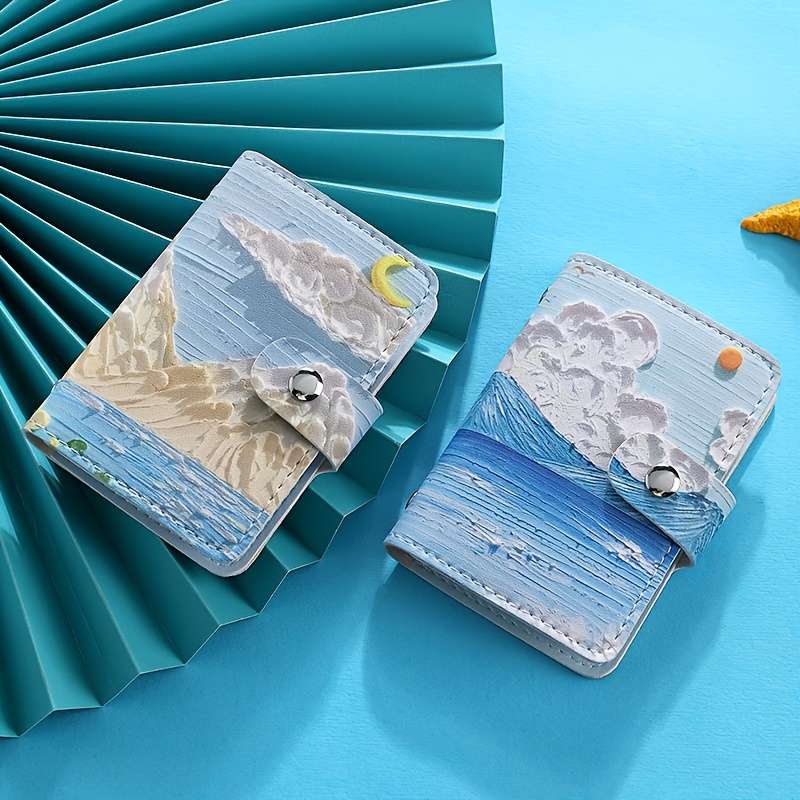 1pc Artistic Oil Painting Style Womens Card Holder C Large Capacity Ultra-Slim Coastal Land