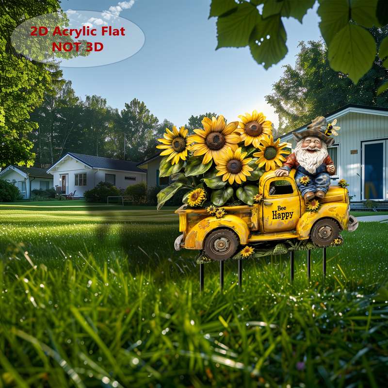 1pc 2D Flat  Acrylic Bee Dwarf Old-Fashioned Male Truck Garden Stake Acrylic Flowerpot Landscape Si