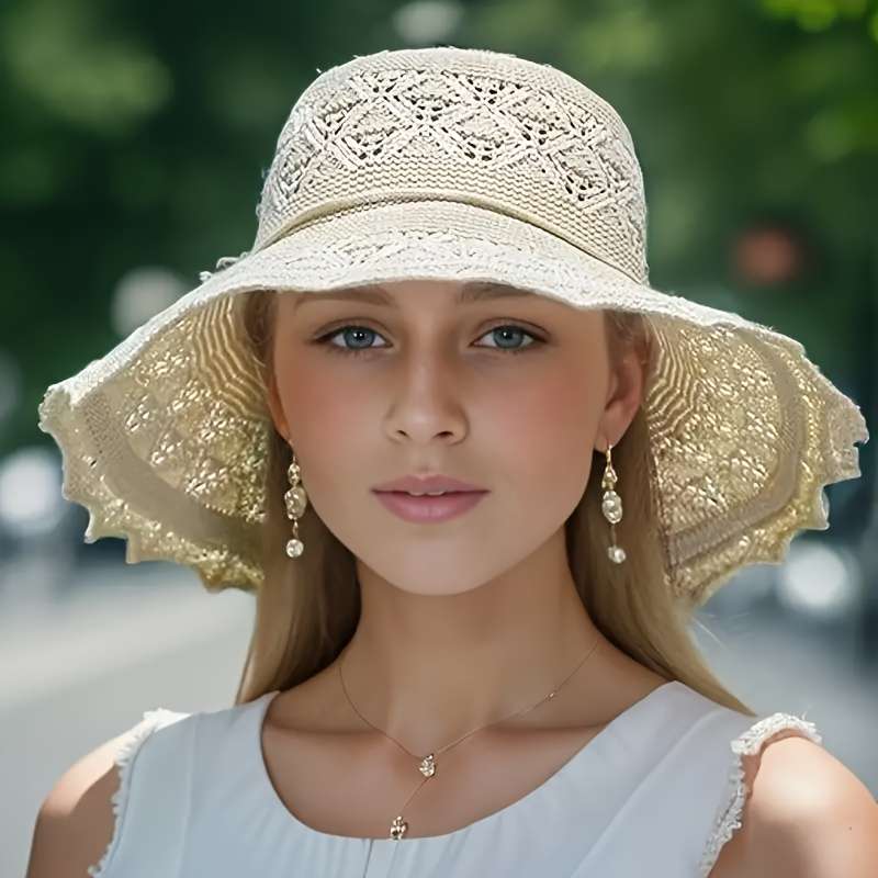 1pc Elegant Women's Sun Hat Breathable Foldable Wide Brim Beach Hat With UPF Protection Hand Wash