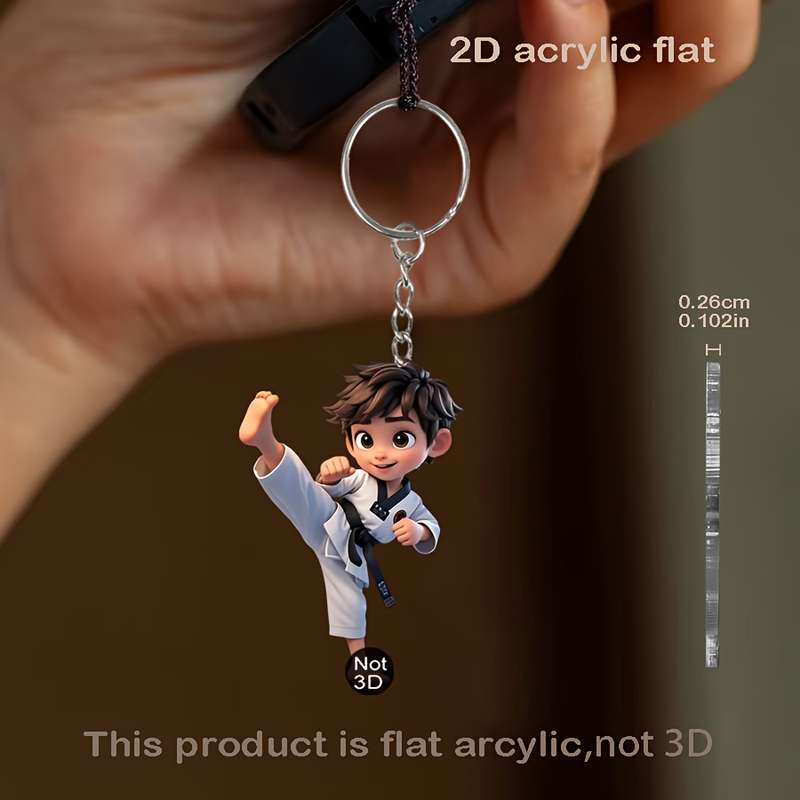 1pc 2D Flat   Taekwondo Martial Arts Cartoon Acrylic Keychain for Men  Design Perfect