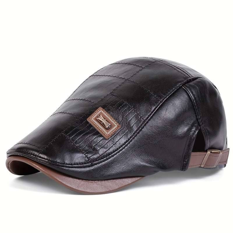 1pc Retro Classic PU Leather Gentlemen Forward Hat Adjustable Casual Beret For Autumn And Winter T