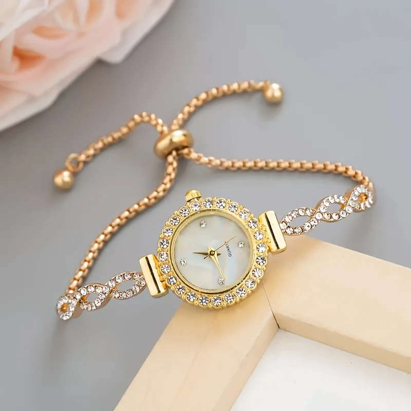 1pc Luxurious And Stylish Golden Women'S Round Quartz Watch Featuring an Exquisite Zinc Alloy Strap