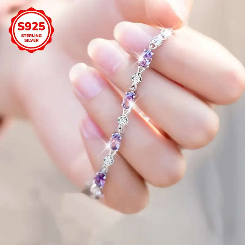 925 Sterling Silver Plated Purple Synthetic Zirconia Chain Bracelet