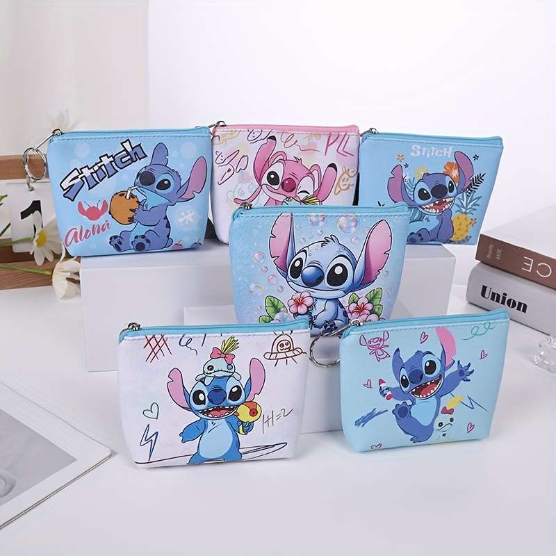 1pc Stitch Mini Wallet Cute Cartoon Coin Purse with Keyring Portable Card Holder Elegant Faux L