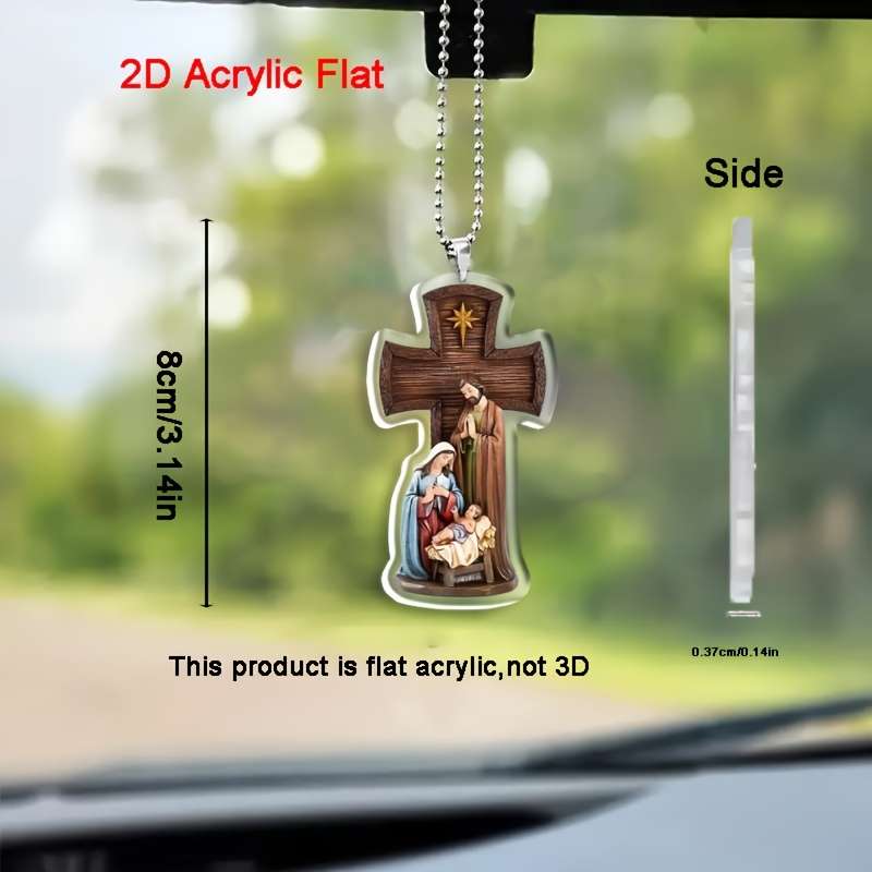 1pc 2D Flat    Acrylic Cross Car Pendant with Holy Family Religious Automotive Hangi