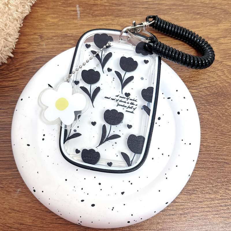1pc Chic Black Tulip Floral Design Card Holder with Coiled Lanyard and Daisy Keychain Charm Durab