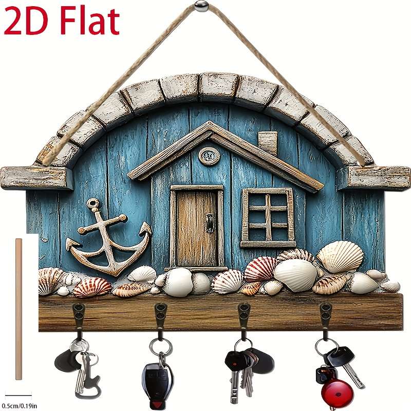 2D Flat 1pc Seaside Shell Cabin Simple Colorful Wooden and Home Key Hanger with Four Metal Hooks 2