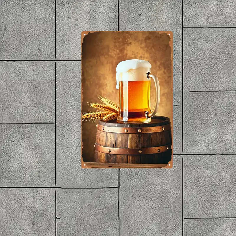 1pc Iron Painting About A Glass Of Beer With Foam On Top Placed On A Wooden Barrel 20x30cm 8x12inch