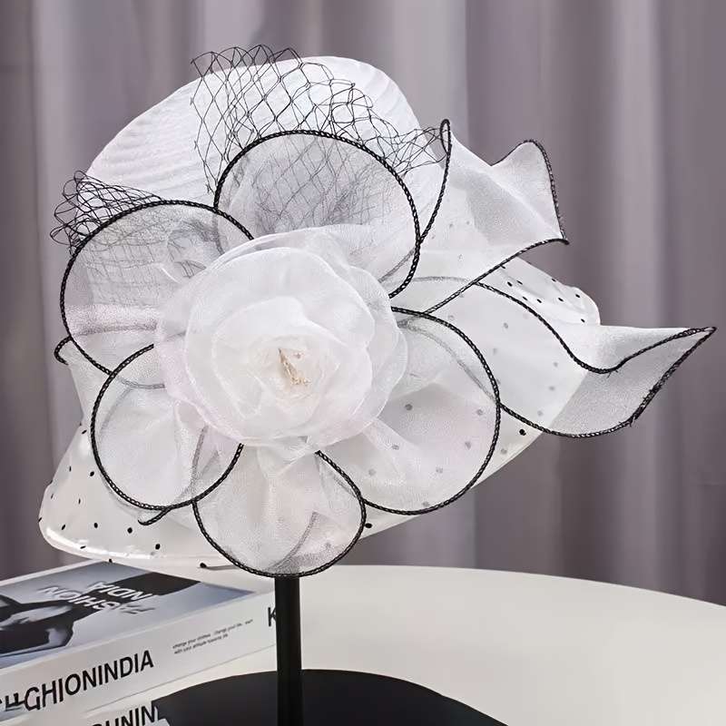 1pc Women's Wide Brim Floral Organza Sun Hat Beige with Black Mesh Flower Veil Breathable UV P