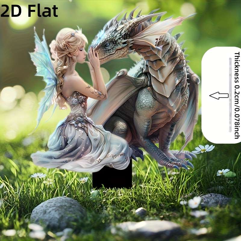 1pc 2D Flat   Charming Fairy and Dragon Garden Stakes Weatherproof Acrylic Outdoor Decor