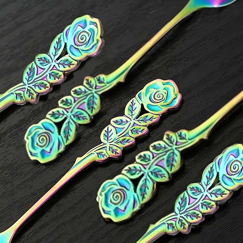 6pcs set stainless steel colored coffee spoon elegant Rose Flower design durable metal Teasp
