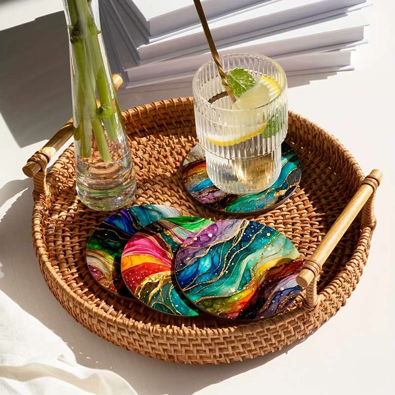 4pcs Rainbow Marble Pattern Wooden Trivet Placemats Heat Resistant Pot Holders Multipurpose