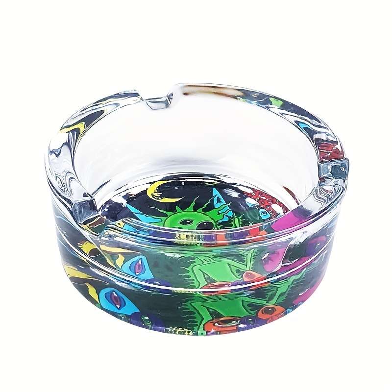 1pc Whimsical Alien Mushroom Design Glass Ashtray Round Colorful Cartoon Pattern for Home Deco