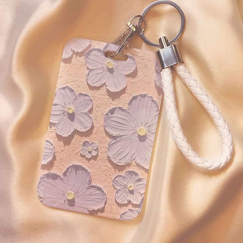 1pc Floral Oil Painting Design Card Holder with Lanyard Durable Plastic Protective Case for Stude