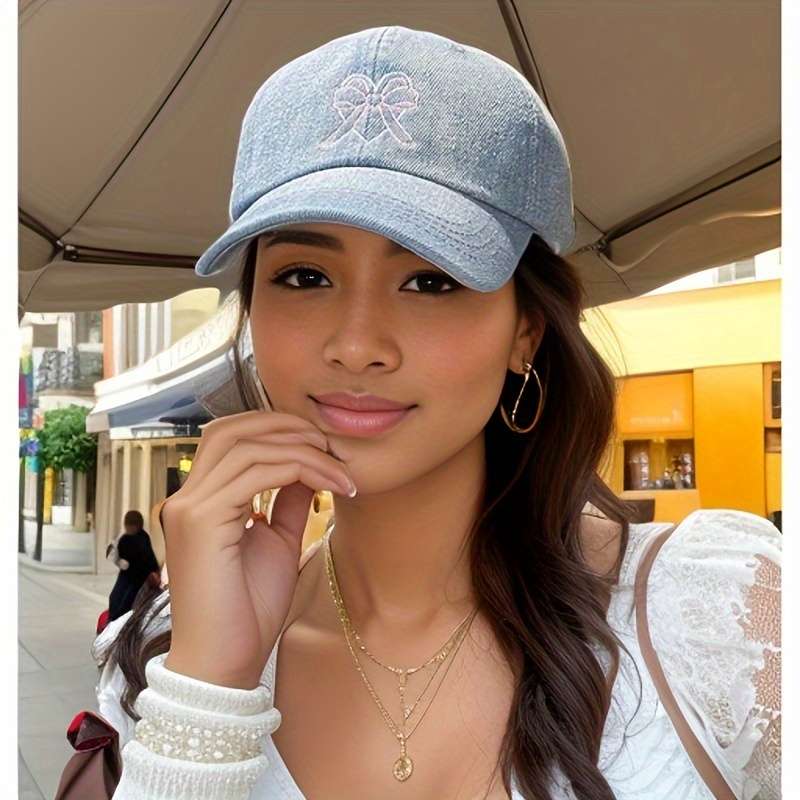 1pc Baseball Cap With Embroidered Love Heart Bow Casual Denim Face-Slimming Design Unisex Trendy