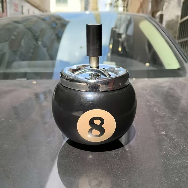 1pc Black No.8 Billiard Ball Cigarette Ashtray C Durable Iron Design Push Button Operation Perfec