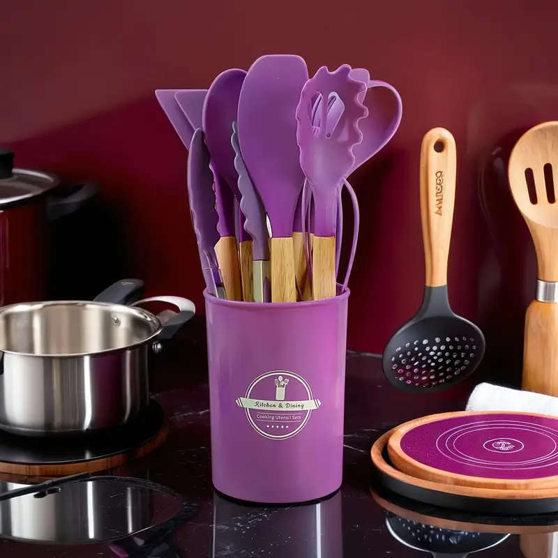 12pcs Silicone Kitchen Utensil Set with Wooden Handles Non-Stick Food-Safe Cooking Tools Washable Du