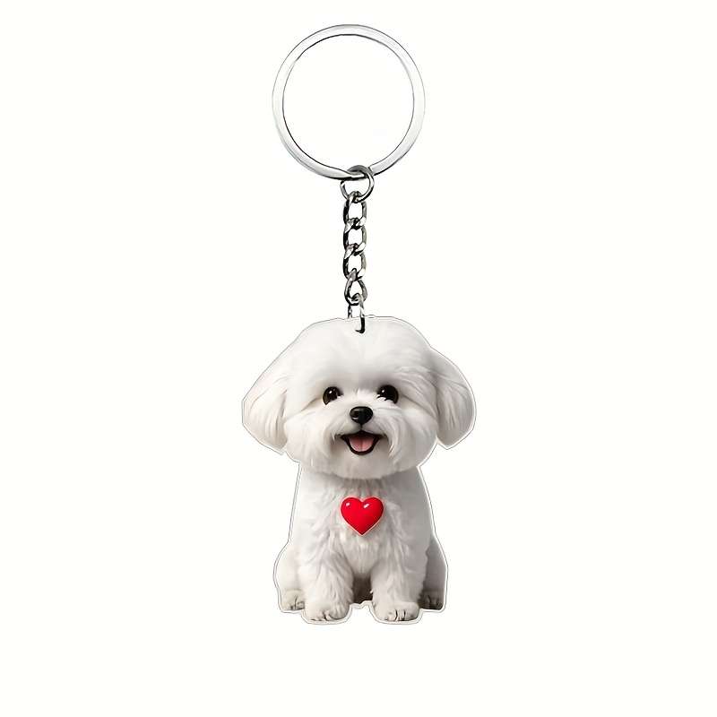 1pc 2D Flat    Cute White Dog Acrylic Keychain with Heart Charm Flat Keychain Perfect Gift