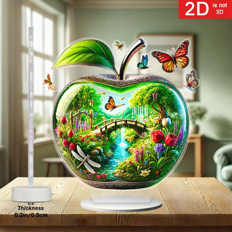 1pc 2D Flat   Charming Apple-Shaped Acrylic Decor a Vibrant Garden with Bridges Waterfalls D
