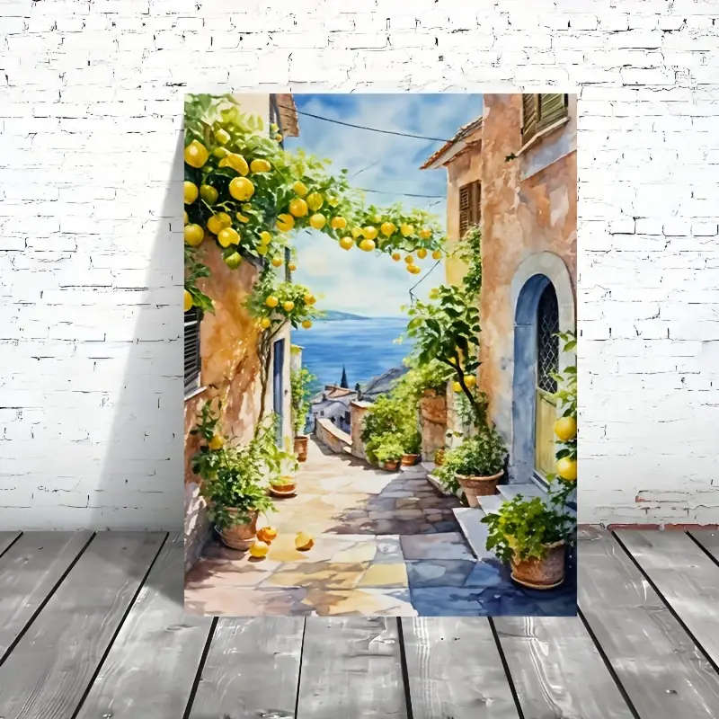 1pc Amalfi Coast Lemon Tree Canvas Art Print Frameless Mediterranean Watercolor Poster Vibrant Coast