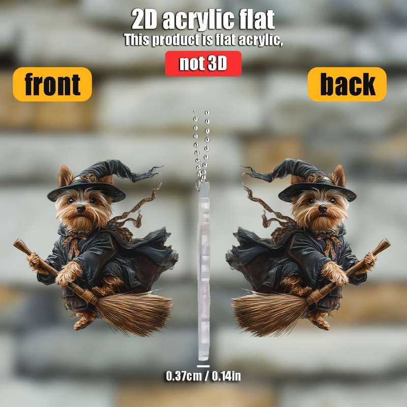 1pc 2D Flat   Yorkshire Terrier Magician  Acrylic Pendant Whimsical Dog in Wizard Costume w