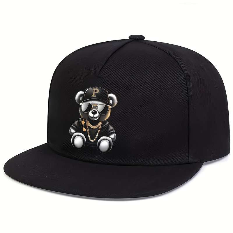 1pc Hip Hop Bear Print Flat Brim Cap Unisex Adjustable Street Style Baseball Hat 100% Polyest
