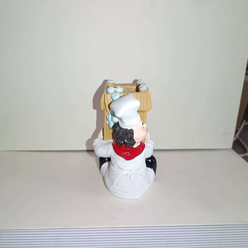 1pc Chef Figurine Kitchen Decor Resin Craft with Red White Striped Apron Black Pants Hat