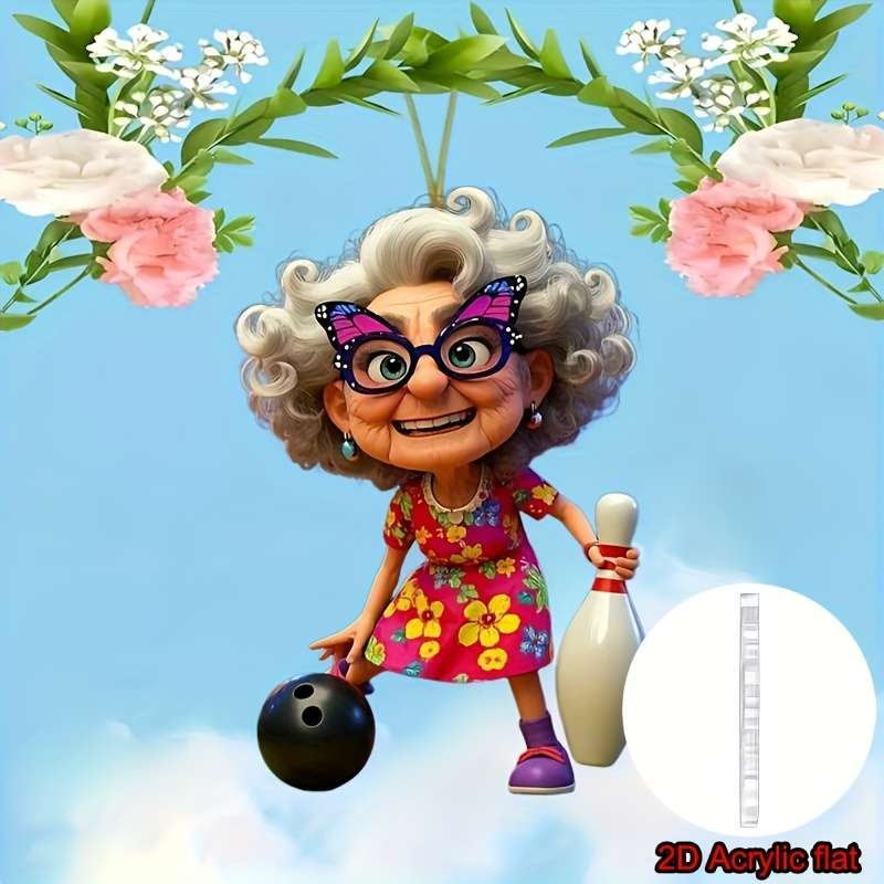 1pc 2D Flat   Acrylic Car Pendant Cute Grandma Playing Bowling Colorful Floral Dress Purpl