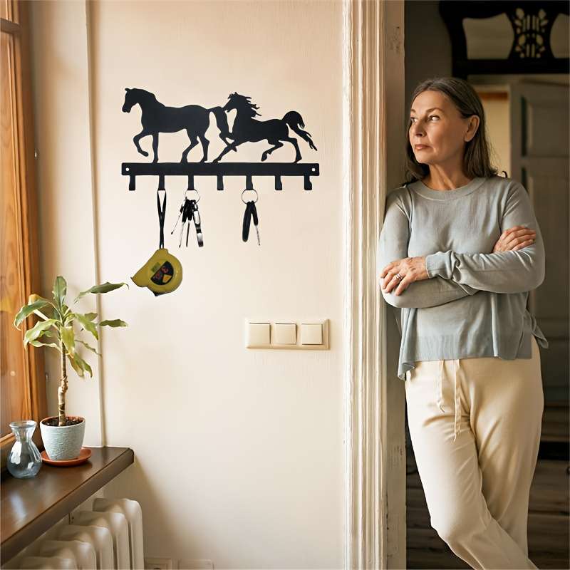 1pc Double Horse Wall Decor Hooks Metal Artistic Key Holder Rack Multipurpose Hanging Storage for