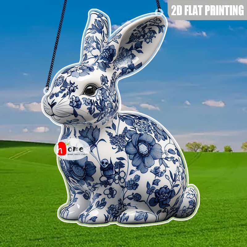 1pc 2D Flat    Blue and White Porcelain Rabbit Decorative Sign Acrylic Pendant Figuri