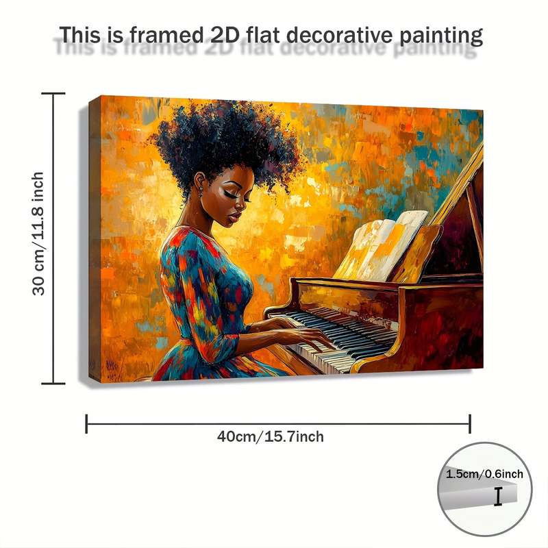 1pc Vibrant African-American Woman Playing Piano Canvas Art with Wooden Frame Colorful Retro Wall
