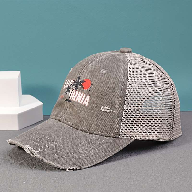 1pc California Beach Sunset Printed Cotton Baseball Cap with Mesh Back and Adjustable Snap Closure