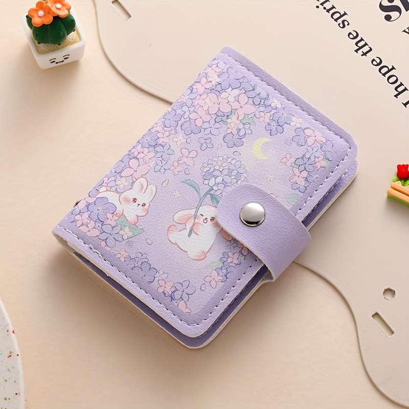 1pc Multi-Slot Cute Cartoon Rabbit Faux Leather Card Holder Casual Style Snap Closure Card Case w