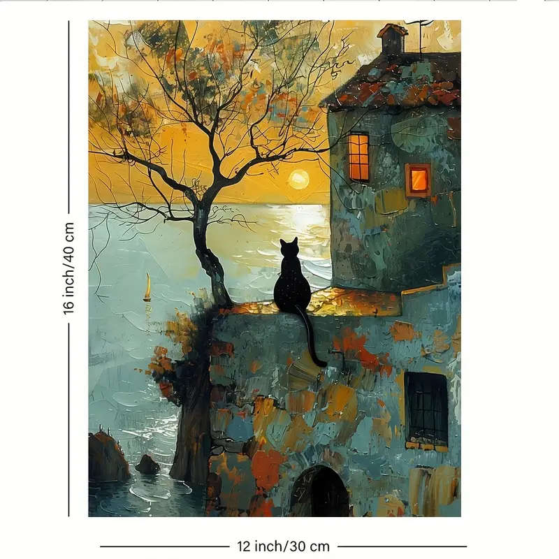 1pc Charming Black Cat Sunrise Canvas Art Painting 12x16 Inch