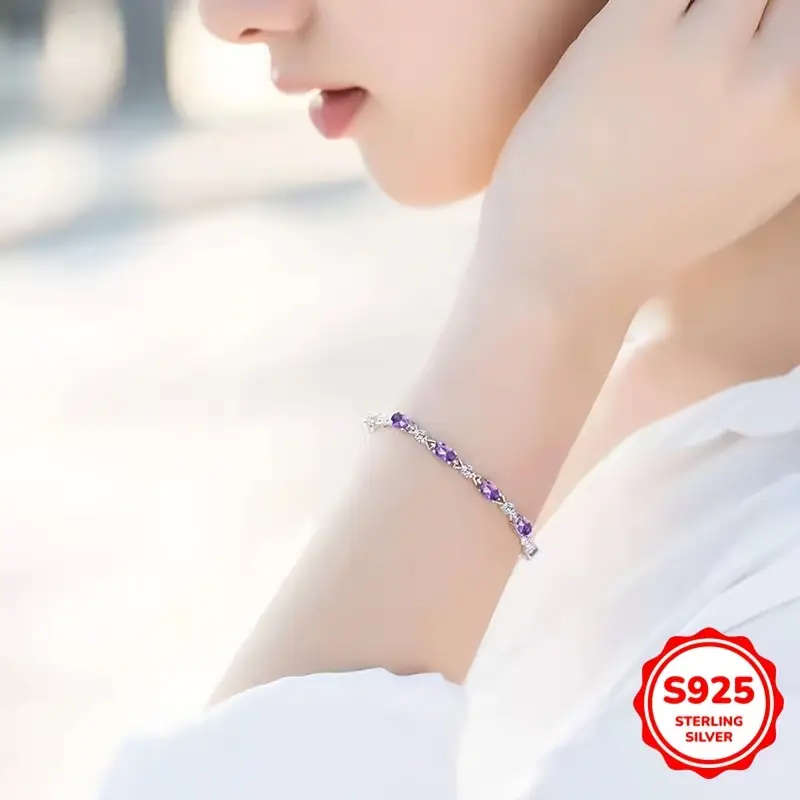925 Sterling Silver Bracelet with Purple Cubic Zirconia - Bohemian Style