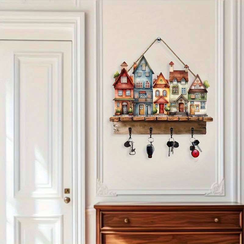 1pc Rustic Wooden Key Hanger with 4 Metal HooksColorful Village Scene Wall Decor 30.0cm x 22.68c
