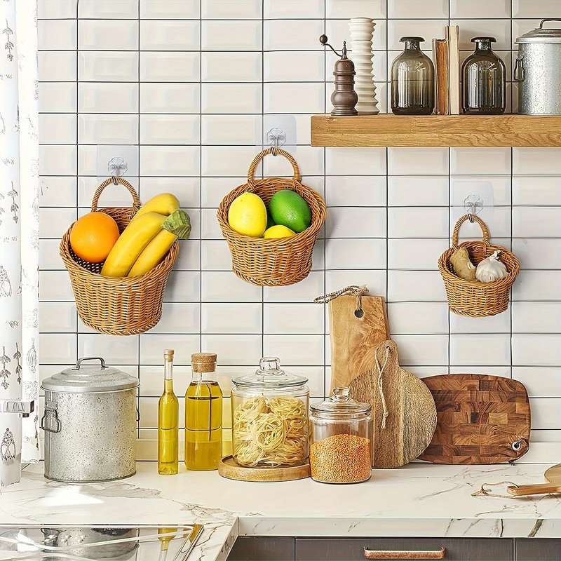 3pcs set (L+M+S) Imitation Rattan Wall Storage Basket Woven Hanging Baskets Kitchen Ginger Ga