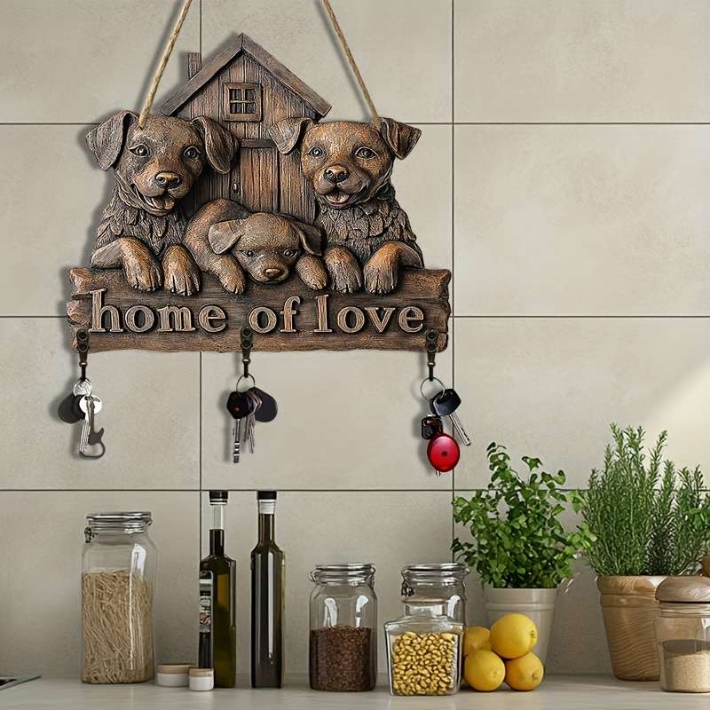 2D Flat 1pc Dog House Simple Colorful Wooden and Home Key Hanger with Four Metal Hooks 30.0cm x 2
