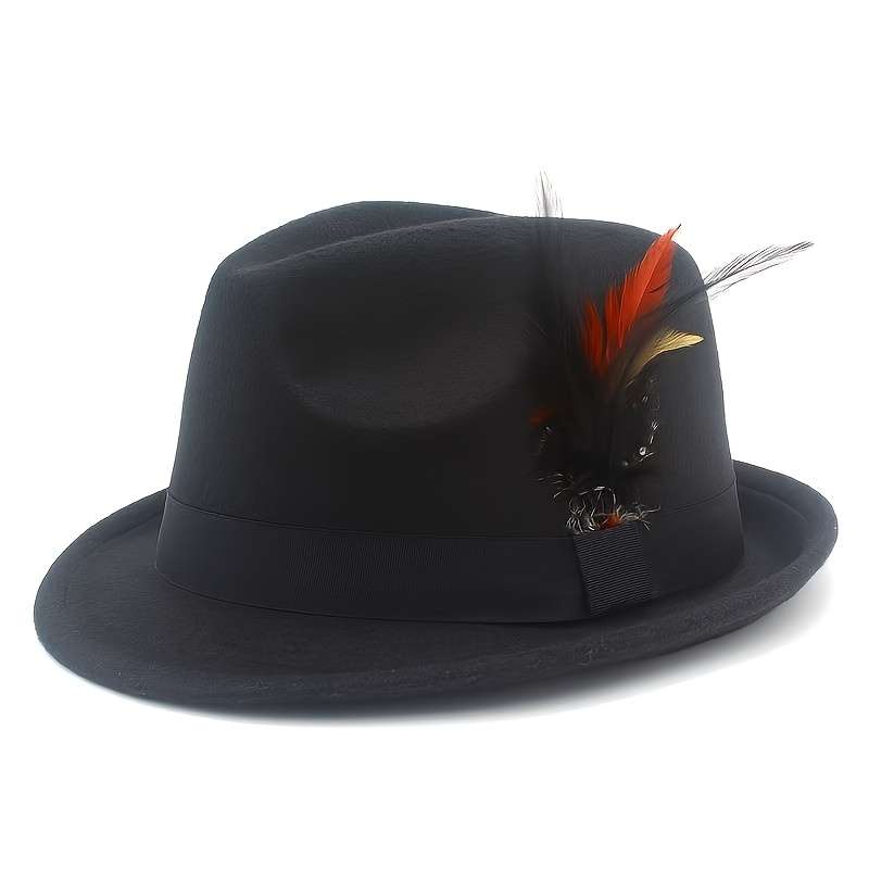 1pc Unisex Classic Cotton Blend Fedora Hat with Feather Breathable Short Brim Felt Panama Dress Ca