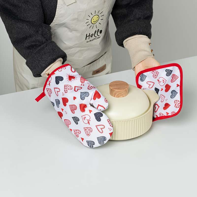 2pcs Valentine'S Day Kitchen Oven Gloves Set Polyester 100% Heat Resistant Baking Mitts Digit