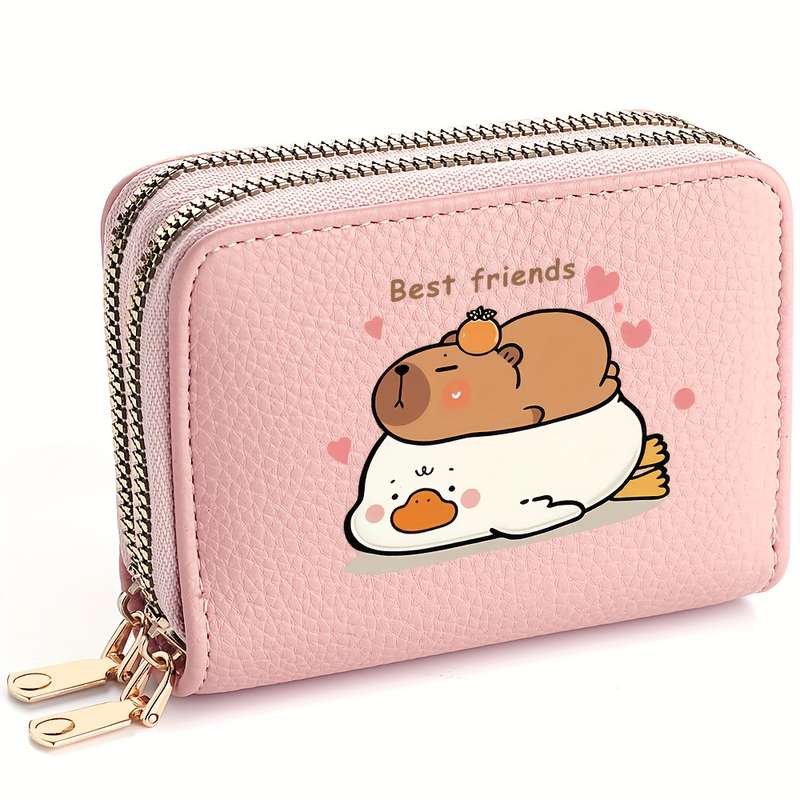 1pc DEABOLAR Cute Capybara Double Zipper Wallet Pink Faux Leather Credit Card Holder with "Be
