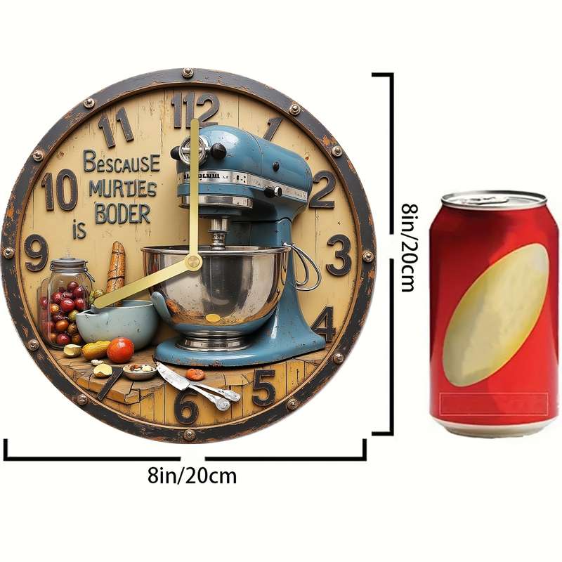 1pc Vintage Kitchen-Themed 20.32x20.32 cm Silent Wall Clock Aluminum Retro Design with Blue Wh