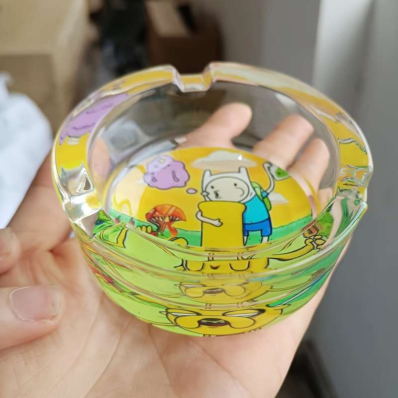 1pc Cartoon-Themed Round Glass Ashtray for Smokers Decorative Cigarette Cigar Holder C Transpare