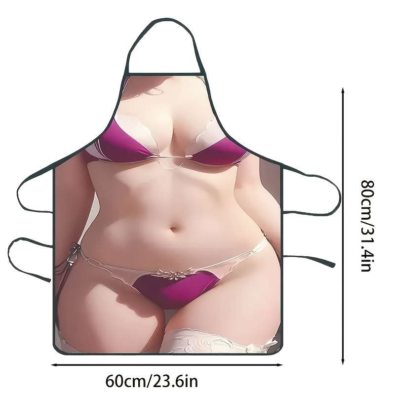 1pc Women'S Polyester Bikini Print Apron Woven Kitchen Apron with Neck Strap Fashionable and Prac