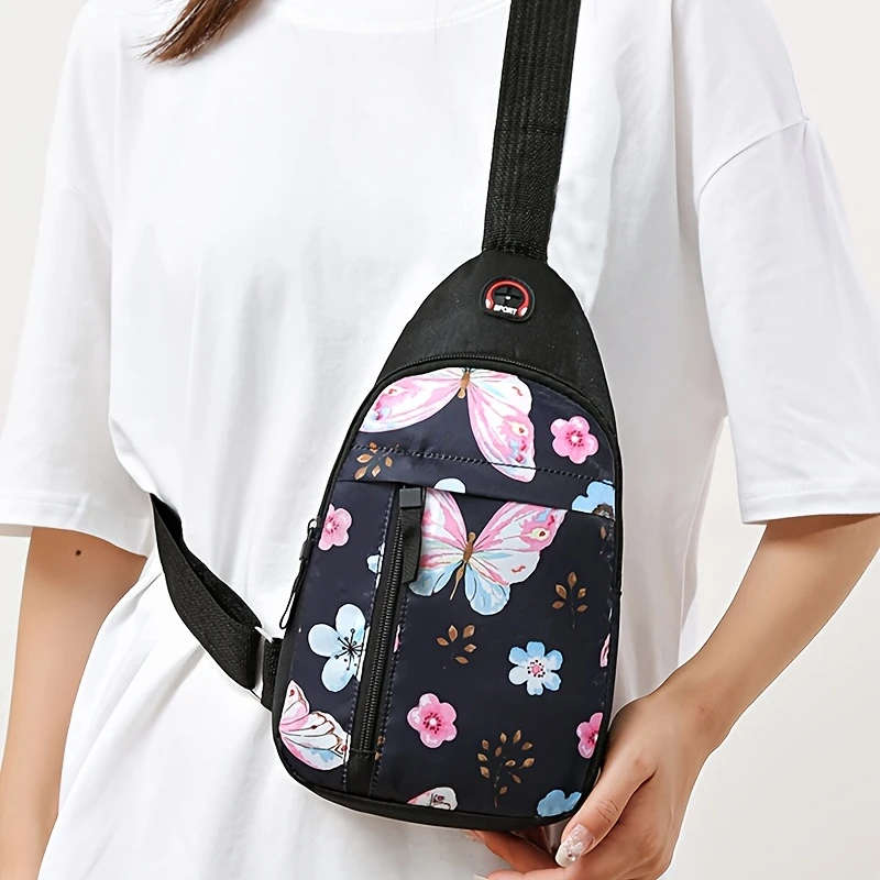1pc Floral Print Womens Crossbody Sling Bag Versatile Nylon Chest Pack with Adjustable Strap Front